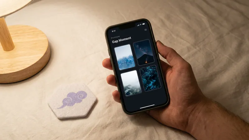A phone showing a prototype world-selection interface with a hexagonal patch beside it.
