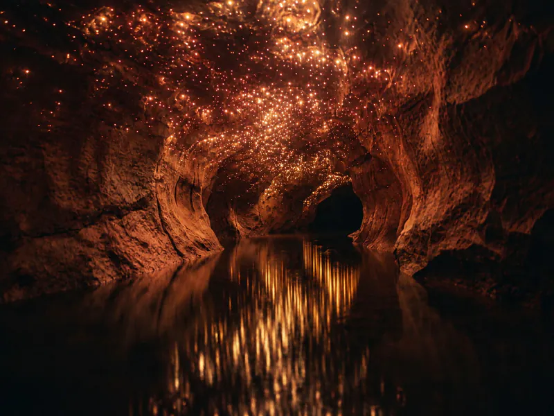 Dark cave with small points of glowworm light.